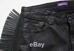 $1,295 Ralph Lauren Purple Label Slim Black Waxed Leather Fringed Denim Jeans