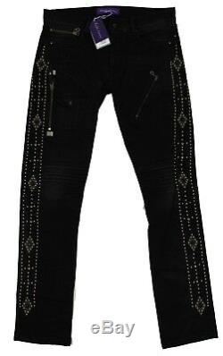 $1,495 Ralph Lauren Purple Label Black Moto Studded Jewel Slim Denim Jeans NWT