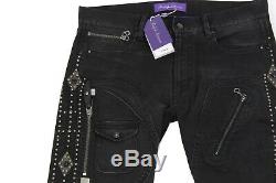 $1,495 Ralph Lauren Purple Label Black Moto Studded Jewel Slim Denim Jeans NWT