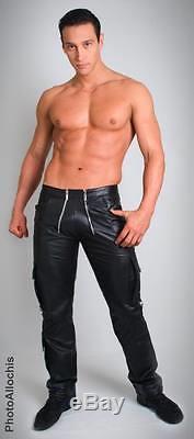 100% REAL LEATHER PANTS leder hosen pantalon fetish gay jeans bondage cargo