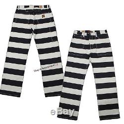 16oz Stripes Motorcycle Pants Heavy Prison Uniform Work Trousers Mens Long Pants