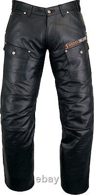 501 Men's Real Leather Casual Motorcycle Biker Motorbike Jeans Black Trousers