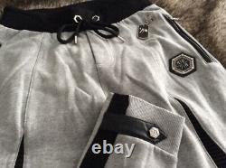 £720 PHILIPP PLEIN Ribbed Panel Faux Leather Patches Sweatpants Joggers ITALY