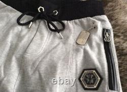 £720 PHILIPP PLEIN Ribbed Panel Faux Leather Patches Sweatpants Joggers ITALY
