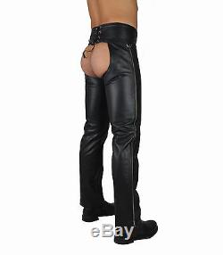 AW773 Long ZIPPER LEATHER CHAPS SNAPS CLOSURE, CUIR CHAPS/LEATHER BIKER TROUSERS