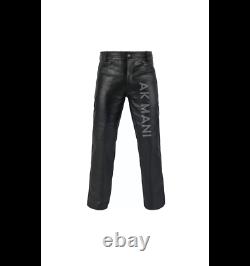 Ak Mani Men's Genuine Leather 5 Pockets Jeans Style Motorbike Black Pants