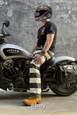 BOB DONG 16oz Canvas Prisoner Trousers Classic Moto Style Biker's Striped Pants