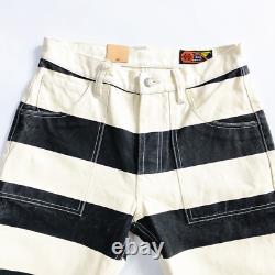 BOB DONG Prisoner Striped Motorcycle Pants Canvas Trousers Casual Biker Jeans
