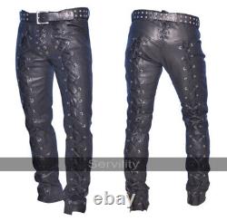 Black Leather Disco Lace Up Pants/ Trousers For Men