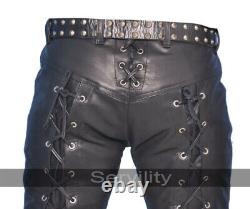 Black Leather Disco Lace Up Pants/ Trousers For Men