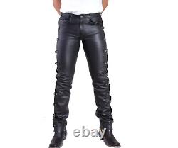 Black Leather Pant Side Metal Buckle for Men, Party/Biker Leather Pant