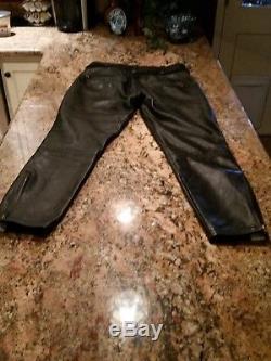 Black Leather Pants, Mens Langlitz Motorcycle Ranger withOrange Stripe, Size 42