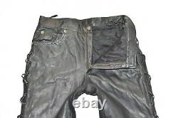 Black Real Leather Biker Lace Up Motorcycle Trousers Pants Size W33 L31