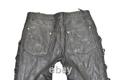 Black Real Leather Biker Lace Up Motorcycle Trousers Pants Size W33 L31