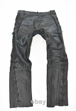 Black Real Leather Lace Up Motorcycle Biker Men's Trousers Pants Size W30 L30