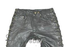 Black Real Leather POLO Lace Up Biker Motorcycle Men's Trousers Size W31 L27