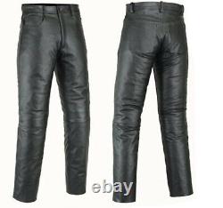 Clearance Mens Black Leather Cowhide Motorcycle Motorbike Jeans Trousers