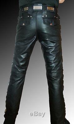 DESIGNER leather pants black mens leather trousers lacing new Lederhose schwarz