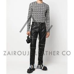 Distressed Leather Pants For Men, Men's Black Trousers, Luxury Lambskin Bottoms