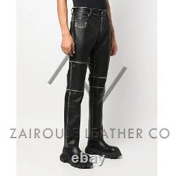 Distressed Leather Pants For Men, Men's Black Trousers, Luxury Lambskin Bottoms