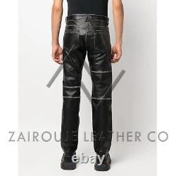 Distressed Leather Pants For Men, Men's Black Trousers, Luxury Lambskin Bottoms