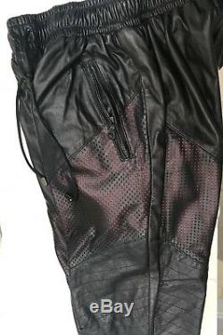 En Noir Mens Black/Red Lambskin Leather Pant Joggers High Fashion Exclusive