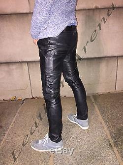 Genuine Leather Sports Black Tight Fit Pant Ribbed Leather Knee and Back