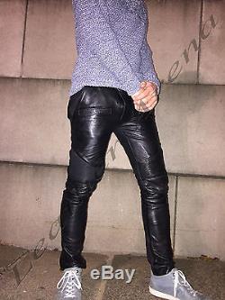 Genuine Leather Sports Black Tight Fit Pant Ribbed Leather Knee and Back