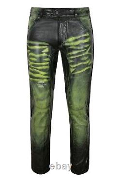 HIPSTER Men's Leather Pants Green Waxed Real Leather Vintage Biker Trousers 4669