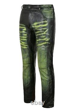 HIPSTER Men's Leather Pants Green Waxed Real Leather Vintage Biker Trousers 4669