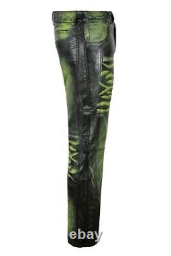 HIPSTER Men's Leather Pants Green Waxed Real Leather Vintage Biker Trousers 4669