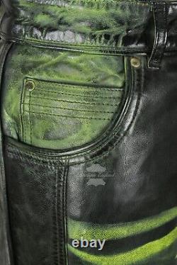 HIPSTER Men's Leather Pants Green Waxed Real Leather Vintage Biker Trousers 4669