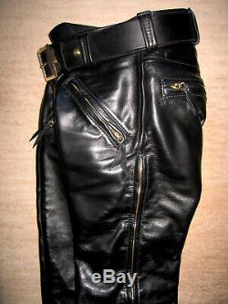 LANGLITZ Black Leather Pants Trousers (long leg zip) BLUF Biker Cop W34-35 L33
