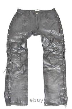 LINUS Lace Up Men's Leather Biker Motorcycle Black Trousers Pants Size W35 L33