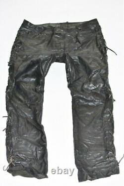 LOUIS Lace Up Men's Leather Biker Motorcycle Black Trousers Pants Size W43 L34