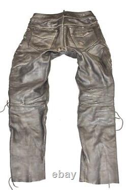 LOUIS Men's Lace Up Leather Motorcycle Biker Black Trousers Pants Size W33 L33
