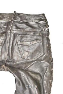 LOUIS Men's Lace Up Leather Motorcycle Biker Black Trousers Pants Size W33 L33