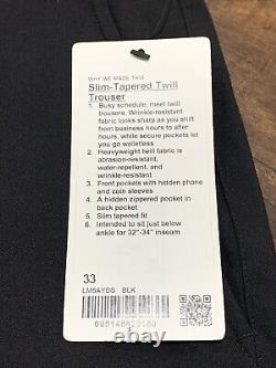 LULULEMON Men's Slim-Fit Tapered Twill Trouser Size 33/32-34 Inseam NWT Black