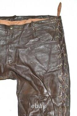 Lace Up Men's Leather Biker Motorcycle Black Trousers Pants Size W39 L32