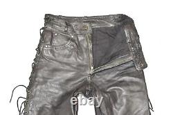 Lace Up Men's Real Leather Biker Motorcycle Black Trousers Pants Size W26 L30