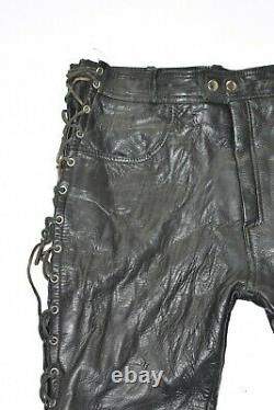 Lace Up Men's Real Leather Biker Motorcycle Black Trousers Pants Size W33 L33