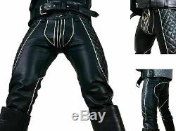 Leather Mens Trousers Black with White Piping Motorcycle Genuine Gay Trousers