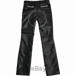 Leather Mens Trousers Black with White Piping Motorcycle Genuine Gay Trousers