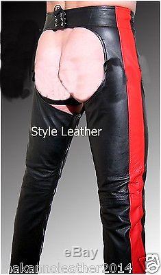 Leather Pant Black Red Gay cod piece Chaps Style with removable thong