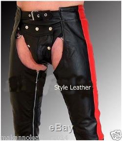 Leather Pant Black Red Gay cod piece Chaps Style with removable thong