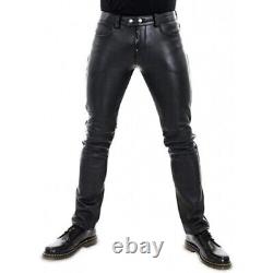 Leather Pants Men Pant Trousers Slim Biker Fit Men's Jeans Style Real Black