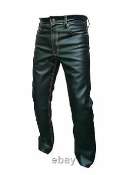 Men Black Cowhide Leather 501 Style New Jeans Pant Trousers schwarz cuir