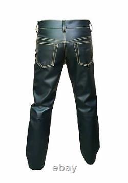 Men Black Cowhide Leather 501 Style New Jeans Pant Trousers schwarz cuir