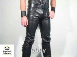 Men Genuine Black Leather trousers / Pants Biker, Military police western cowboy