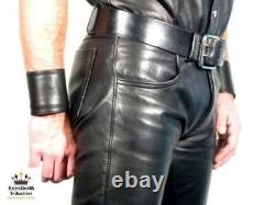 Men Genuine Black Leather trousers / Pants Biker, Military police western cowboy